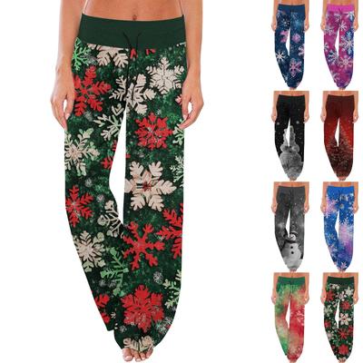 Bequeme Pyjamahose für Damen mit Weihnachtsdruck und weitem Bein und Kordelzug