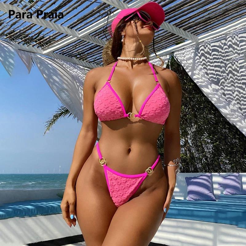 

Para Praia 2024 сексуальный комплект бикини с лямкой на шее, стринги с высоким вырезом по ноге, женский купальник, женский купальник с металлическими кольцами, комплект бикини из двух предметов S розы красного