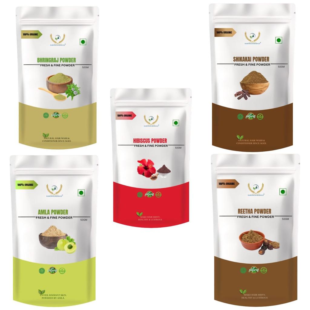 5-in-1 Hair Care Combo - Amla, Reetha, Shikakai, Bhringraj & Hibiscus Powder (5 x 50g) - Dandruff & Scalp Nourishment - 250g Total