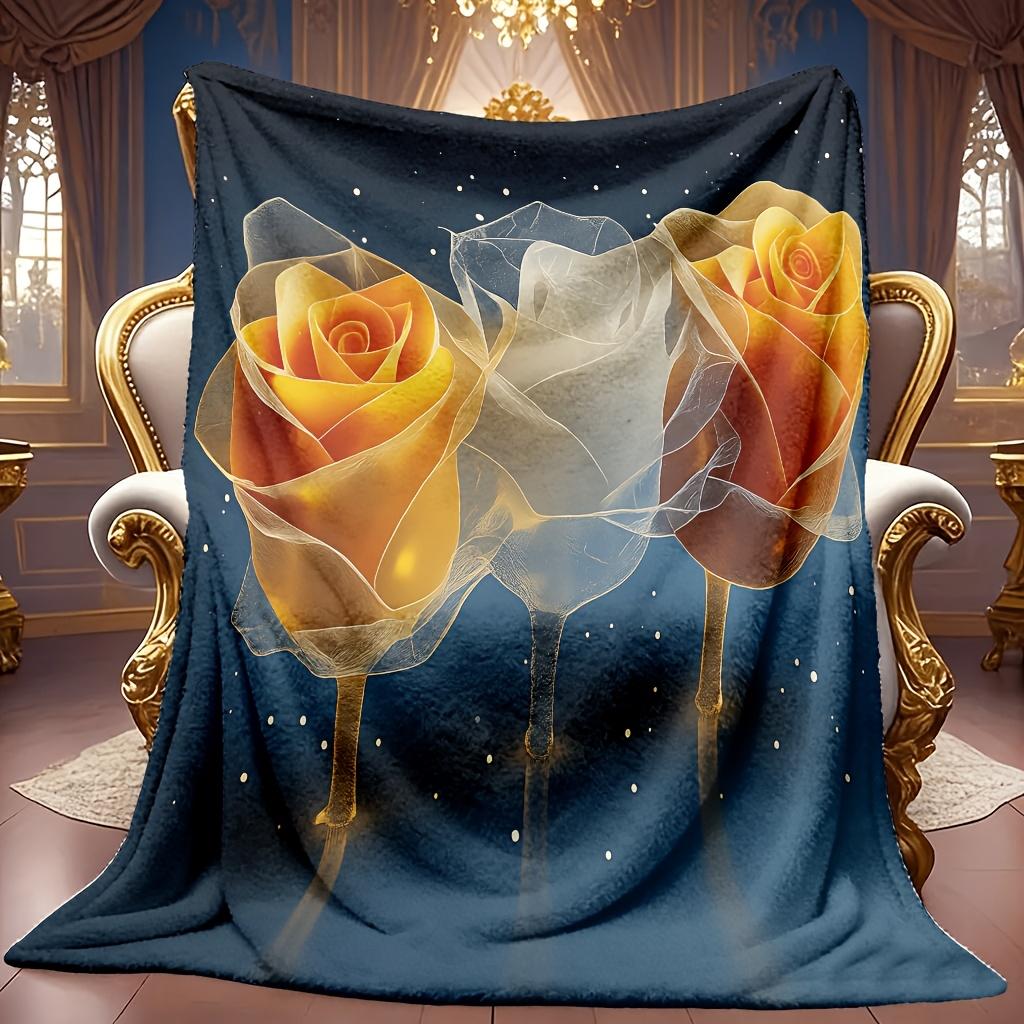 Cozy Fleece Blanket Featuring a Rose Theme Pattern with High-Definition Digital Printing, Ideal for All Seasons! Made from 100% Breathable Polyester,
