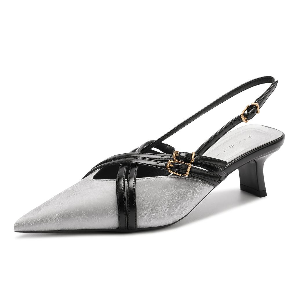 59007 High Heels Women's Thick Heel Summer 2025 New Rear Empty Sandals Pointed French Color Matching Medium Heel Single Shoes