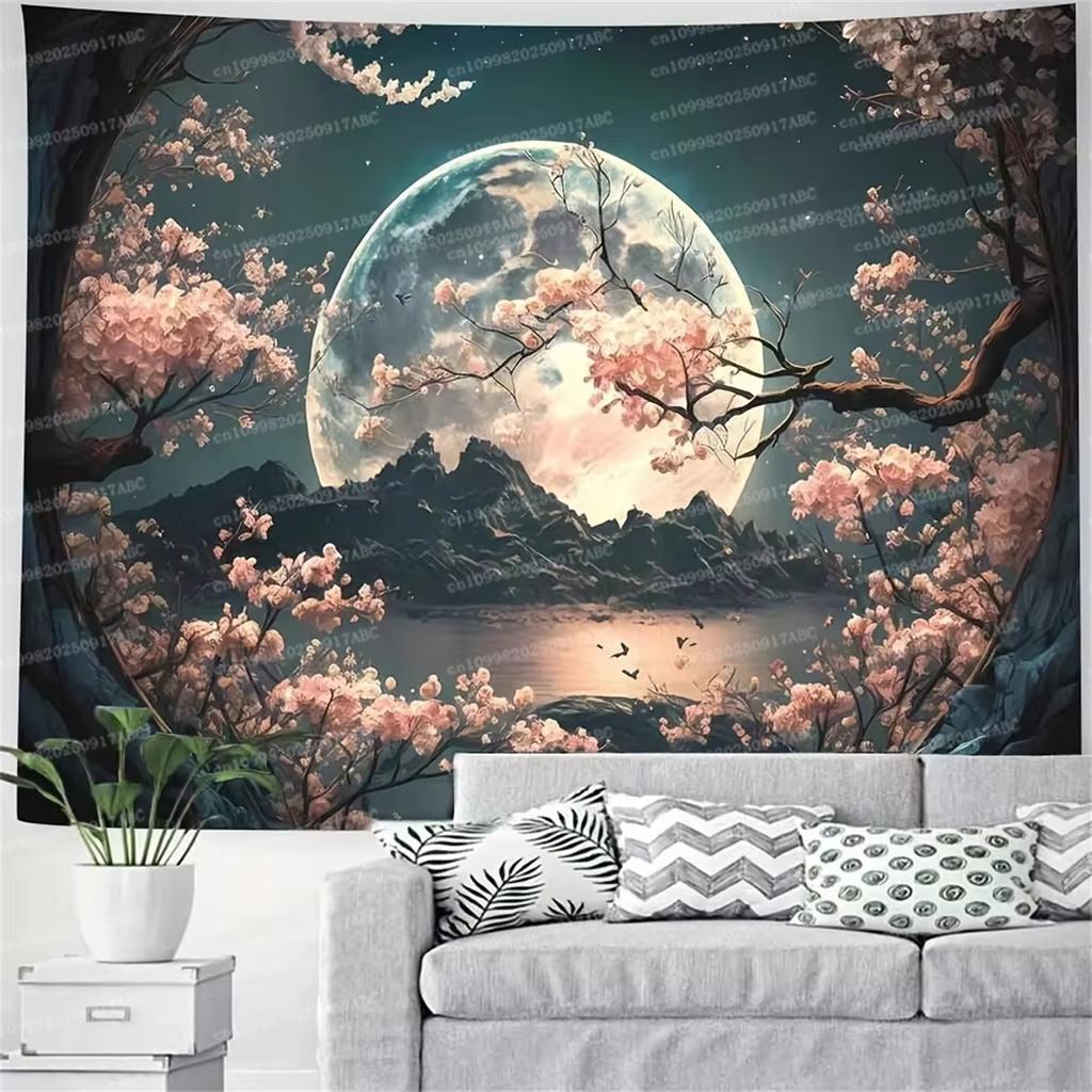 New tapestry peaceful cherry blossom and moon tapestry with starry sky and mountain view a beautiful decoration for bedroom