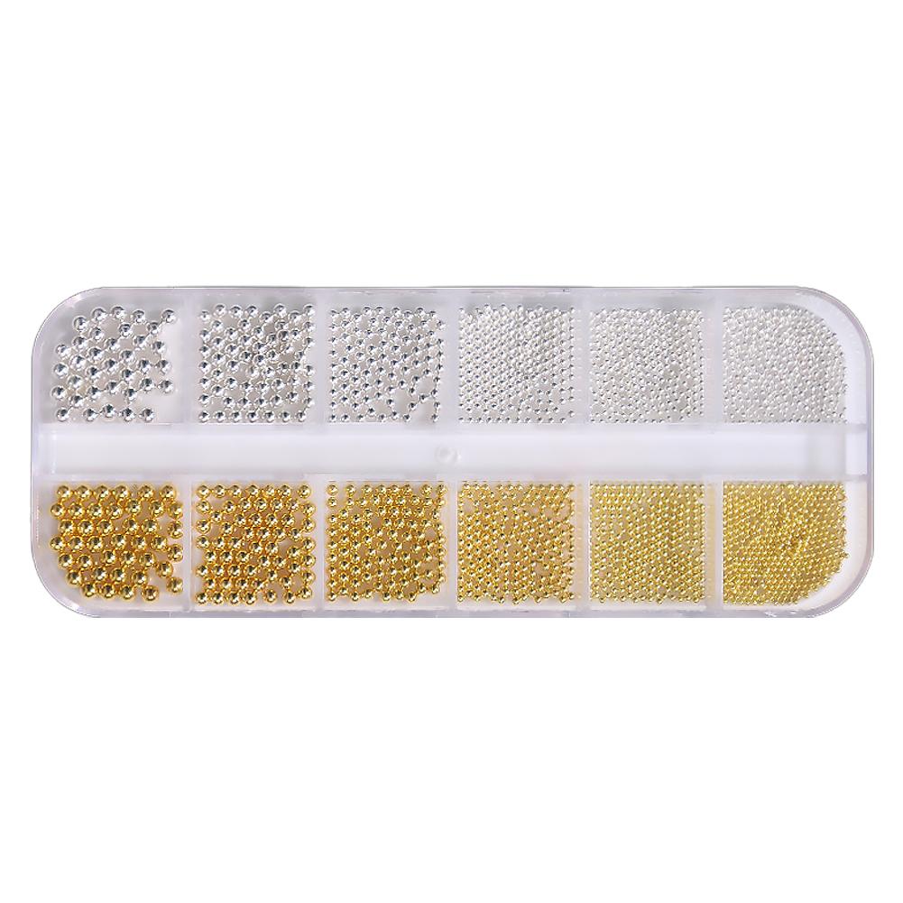 12Grids Mixed Mini Round Beads Nail Art Decor DIY 3D Nail Charms Micro Metal Ball Gold Silver Black Metal Beads for UV Gel Nail