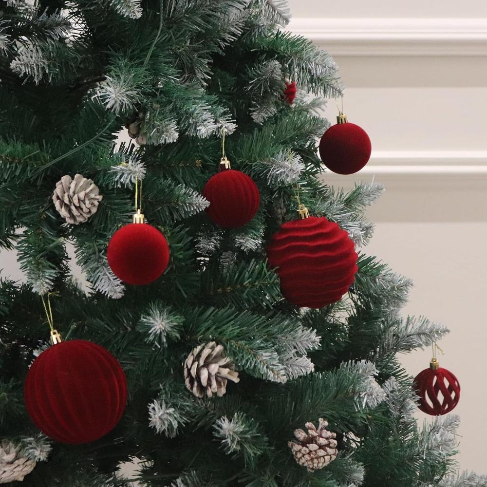 12pcs Velvet Christmas Ornaments-Red Flocked Balls with Golden Ribbons,Perfect for Holiday Tree Decorations,Christmas Ornaments