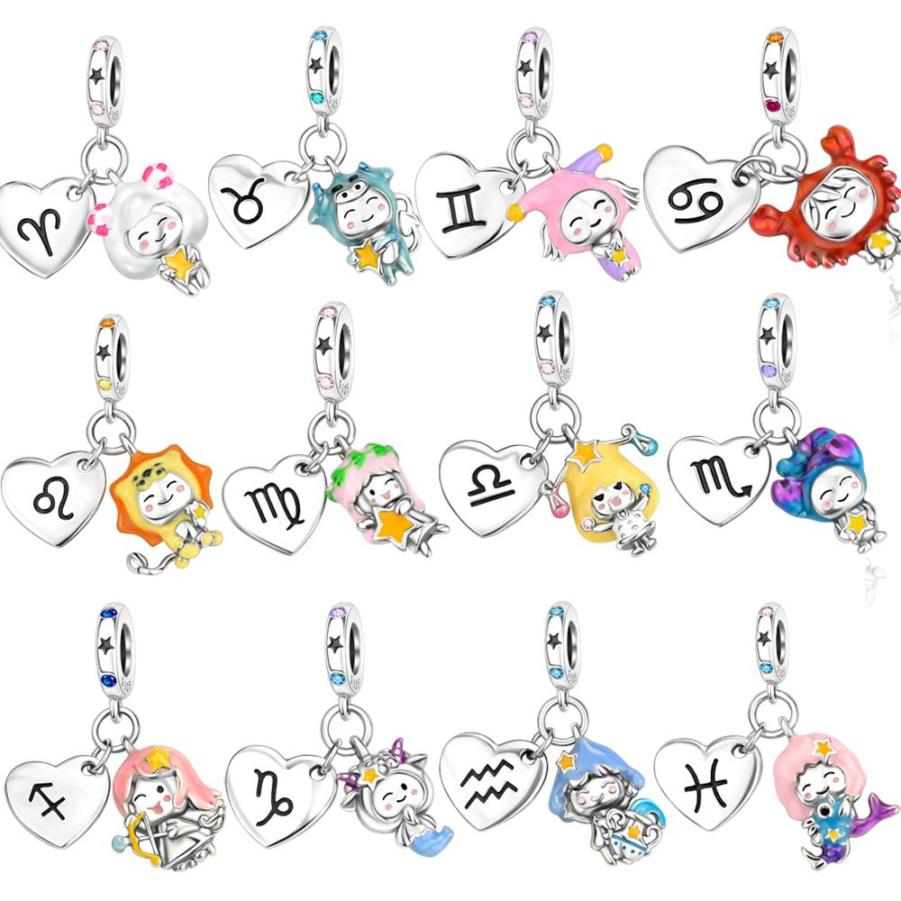Lovely Copper Aries Leo 12 Constellations Zodiac Collections Charm Fit Original Bracelets Women Diy Fine Jewelry