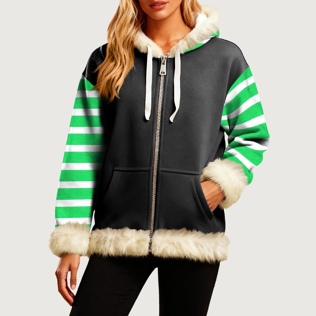 Women's Comfortable Loose Fashion Casual Striped Print Long Sleeve Pockets Hooded Sweatshirt Jacket