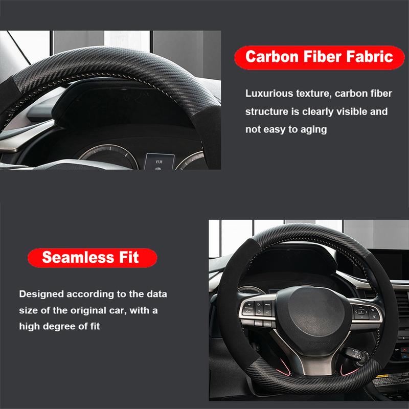 D-Shaped Carbon Fiber & Suede Leather Car Steering Wheel Cover Anti-Slip Protector Breathable Sweat Absorbent Sport 38cm(15Inch)
