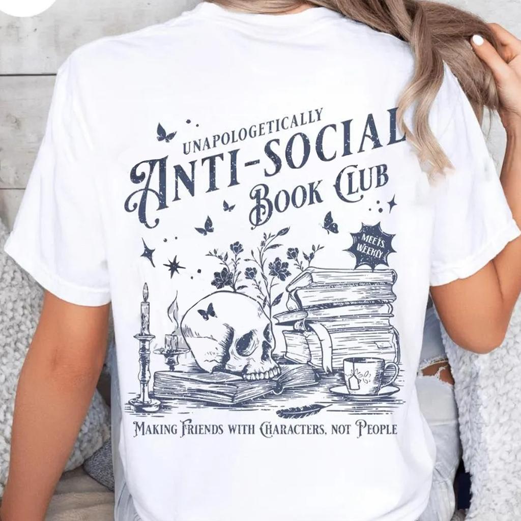 Vintage Antisocial Book Club 2 Sided Comfort TShirt for Introverted RoUnisexce Reader Distressed Tee Trendy Casual Streetwear