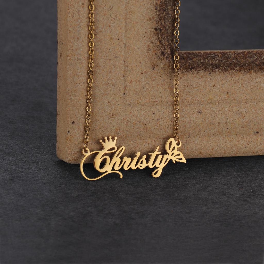 Atoztide Custom Name Necklace Crown Butterfly Stainless Stee Gold Color Nameplate Pendants Box Chain for Women Jewelry Gift