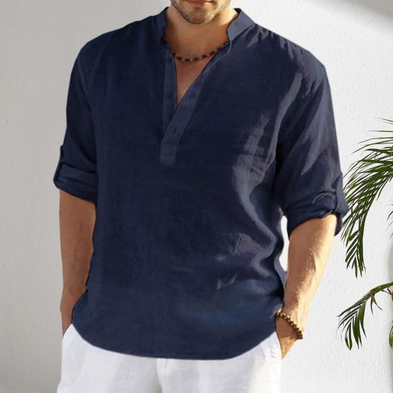 Camicia estiva da uomo maniche lunghe colletto alla coreana tinta unita pullover ampio abbigliamento quotidiano bottoni casual taglie forti uomo top abbigliamento maschile