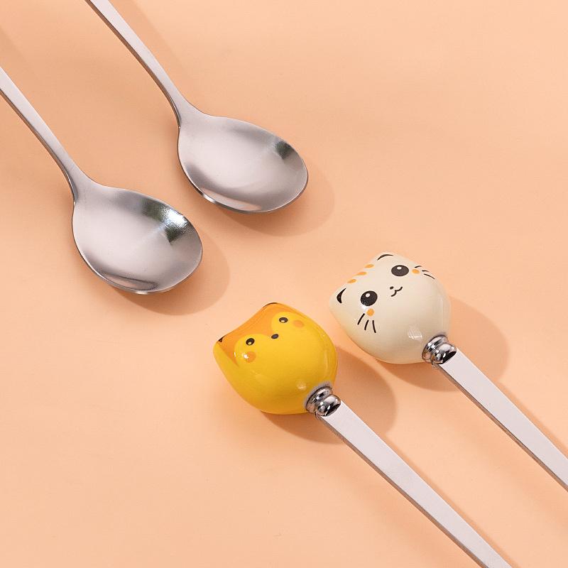 Coffee And Dessert Spoons Flatware Kitchen Tools Ice Cream Cartoon Stirring Spoon Stainless Steel Long Cat Handle Ceramic Spoon