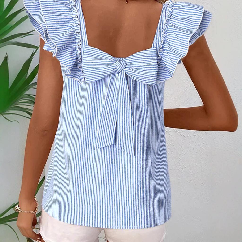 Damen Quadratischer Ausschnitt Kurzarm Bluse Lockerer Sitz Streetwear Top Gestreift Rüschen Chiffon Hemd