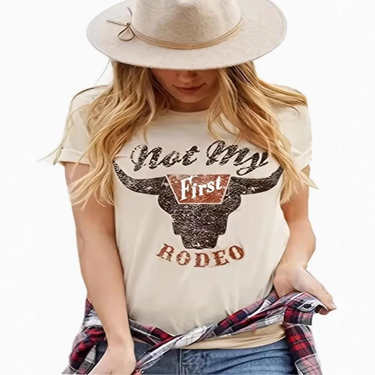 Summer Round Neck 3D Ox Head Print Top Fashionable Casual Short Sleeved Women's T-shirts