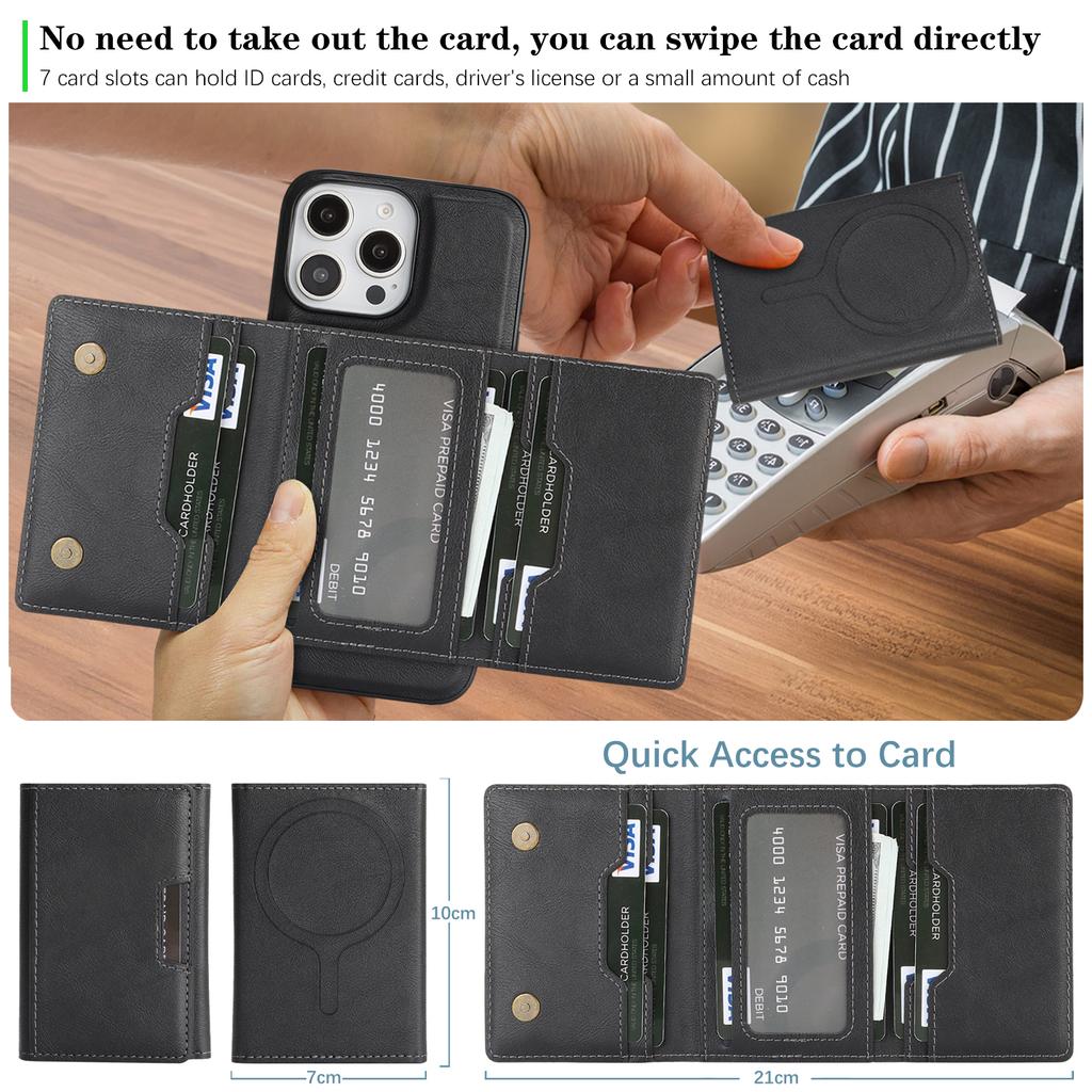 For iPhone 14 Pro Kickstand Case Tri-fold Card Bag PU Leather Coated TPU Cover Compatible with MagSafe