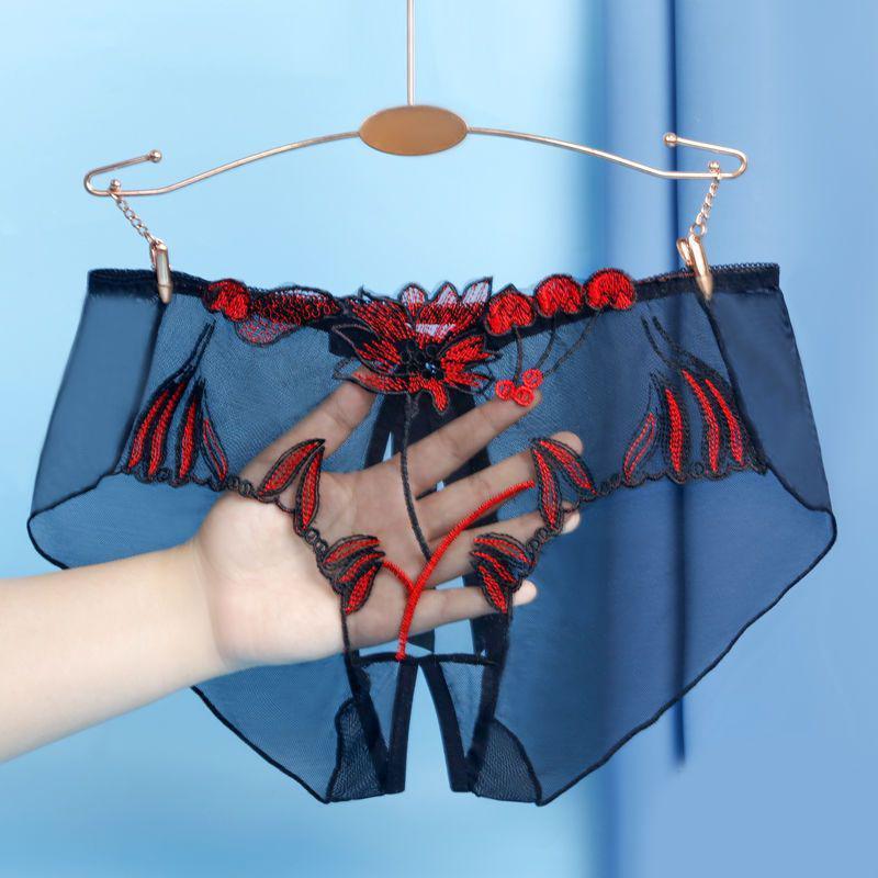 Sexy dámské průsvitné kalhotky Spodní prádlo Jacquard T-kalhoty s otevřeným rozkrokem Kalhotky jednobarevné spodní prádlo