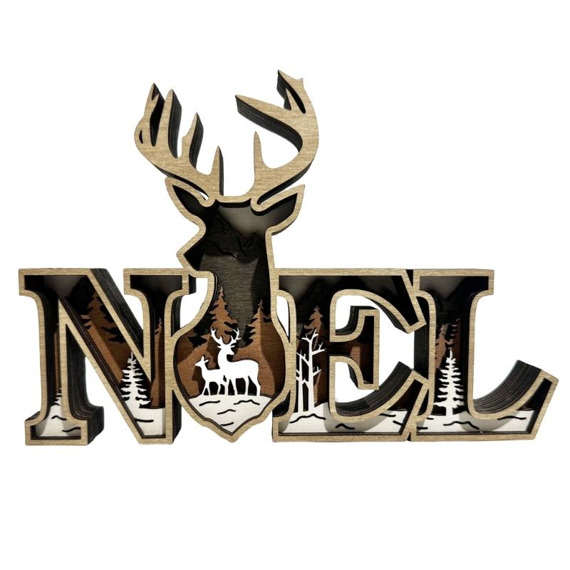 

Festives Carved Deer and Noel Letter Table Sign Ornament Wooden Craft Holiday Shelf Display Christmas Party Decoration 1