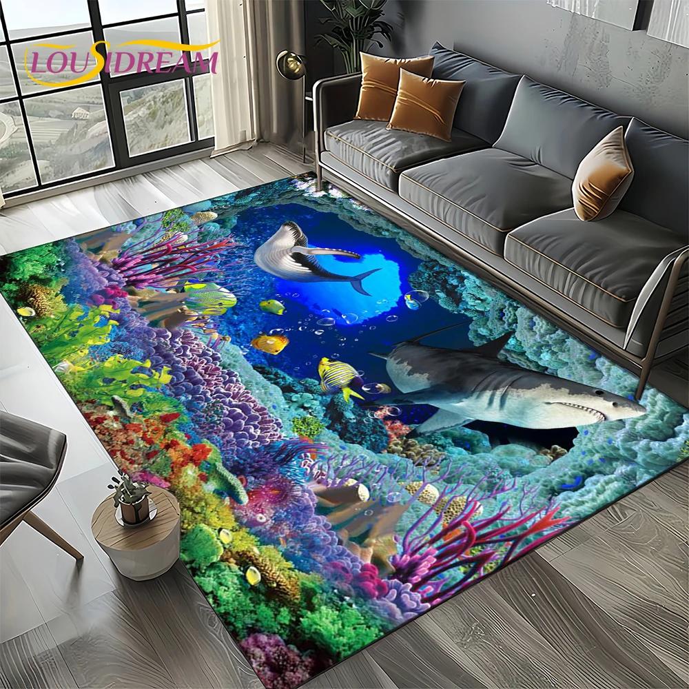 Underwater World 3D Illusion Seabed Cartoon Shark Dolphin Carpet Rug for Living Room Bedroom Home Sofa Decoration,Floor Mat Kid