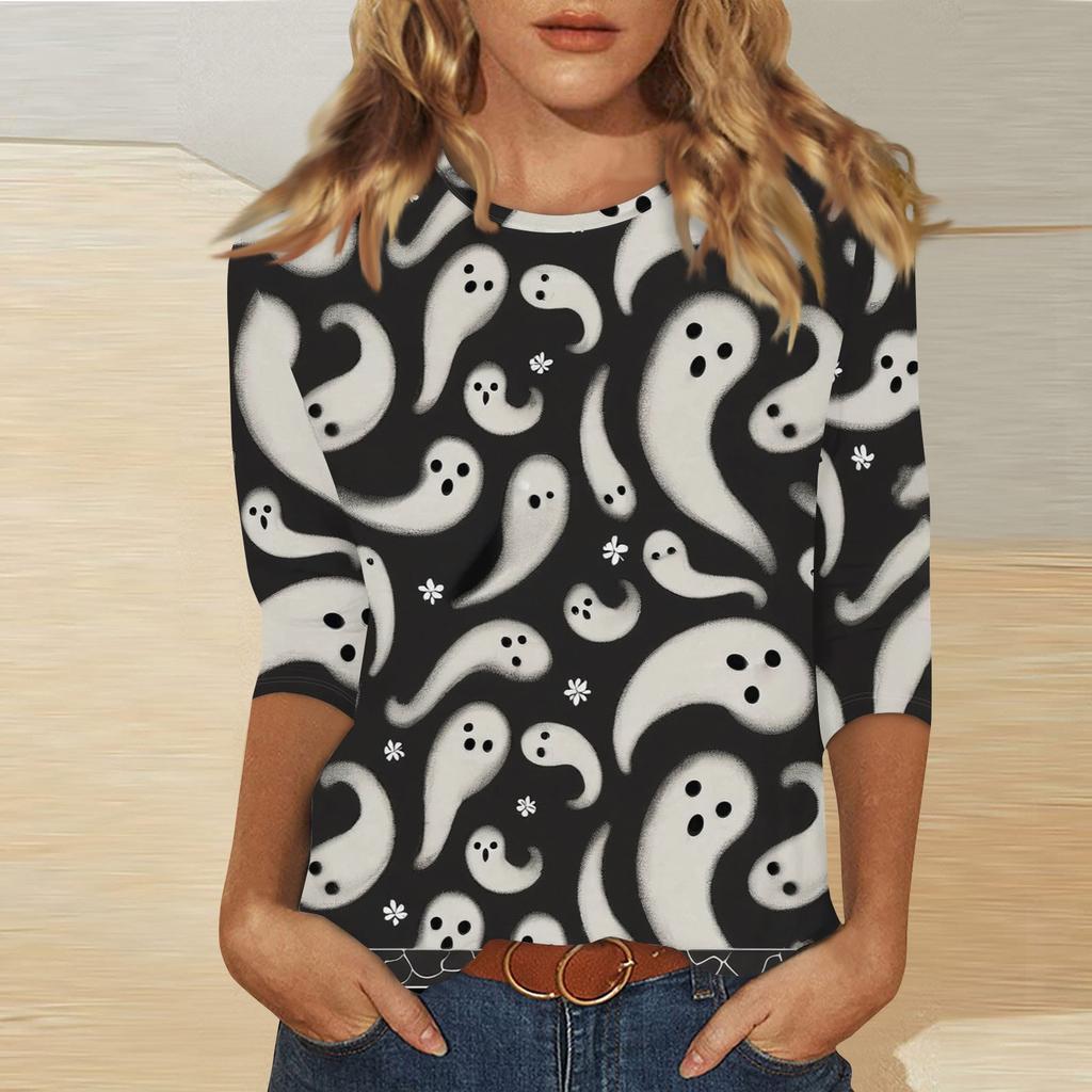 Women's Fashion Casual Three-quarter Sleeve Halloween Printed Round Neck Top
