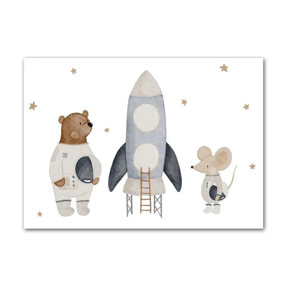 Boho Kreskówkowy Miś Panda Mysz Balon Samolot Plakaty Grafiki Malarstwo na Płótnie Obrazy Ścienne Do Pokoju Dziecięcego Dekoracja Domu