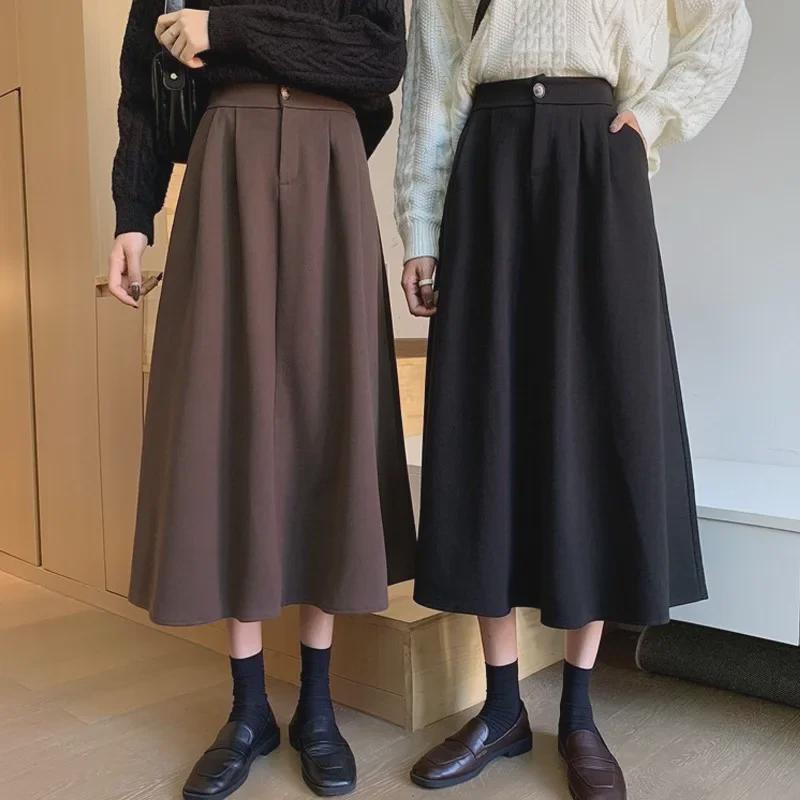Women's Brown High-Waist A-Line Skirt: Thick, Slimming, Hip-Covering Medium-Length for Autumn and Winter