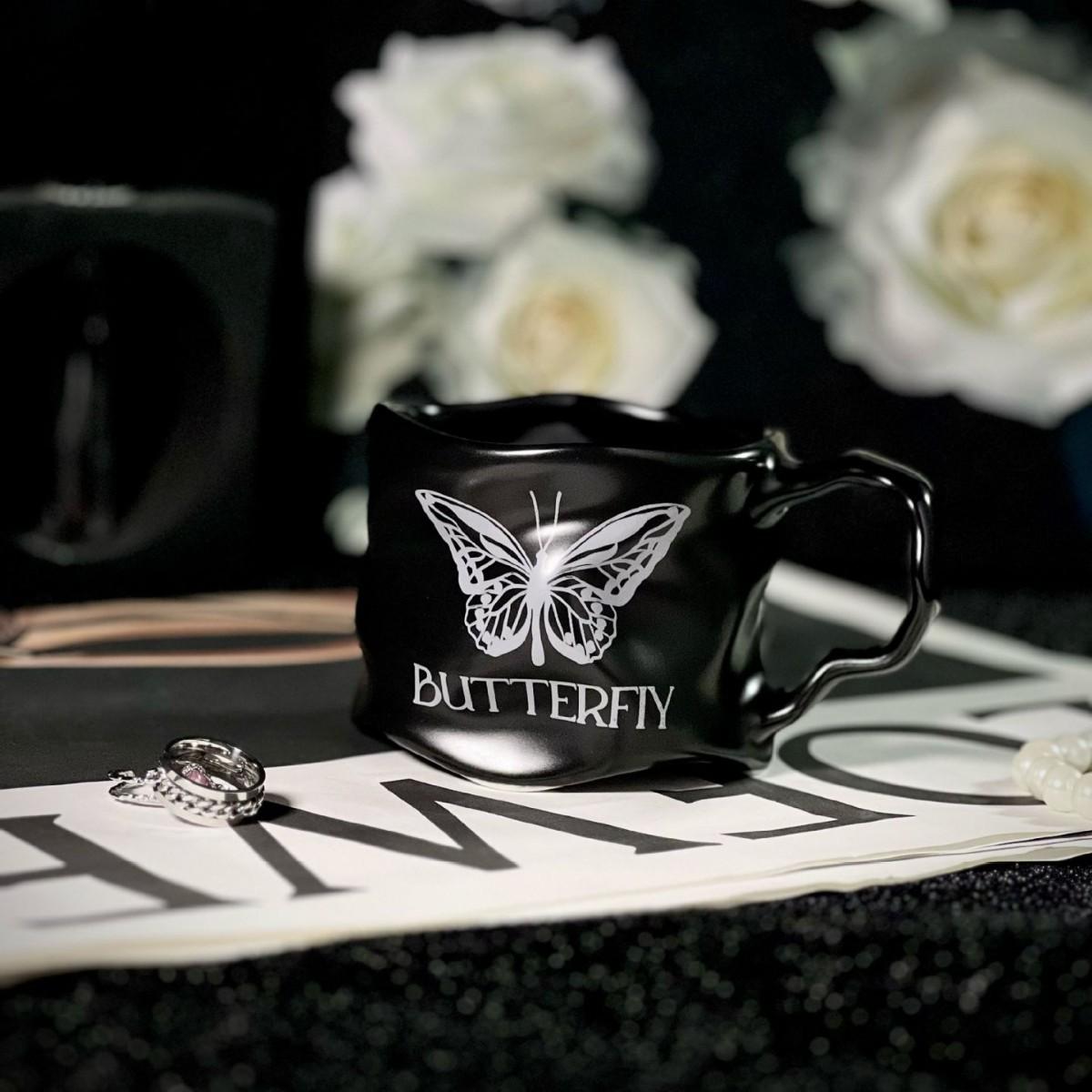 

Wind Black Butterfly Pleated Mug Coffee Mug Creative Home Office Elegant Water Mug Batch 350ML