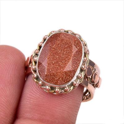 Natürlicher Sonnenstein Edelstein 925 Sterlingsilber massiv zweifarbiger Ring Größe 7.5 B7y31