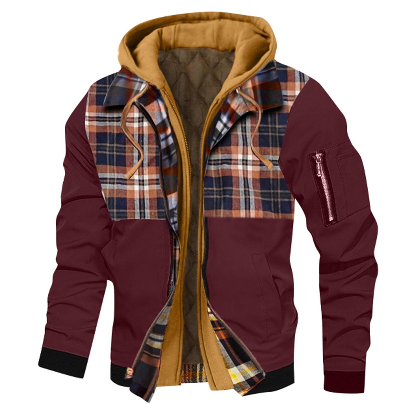 

Мужская куртка-бомбер с клетчатым принтом, мужская весенне-осенняя повседневная трендовая куртка на молнии с капюшоном L винный