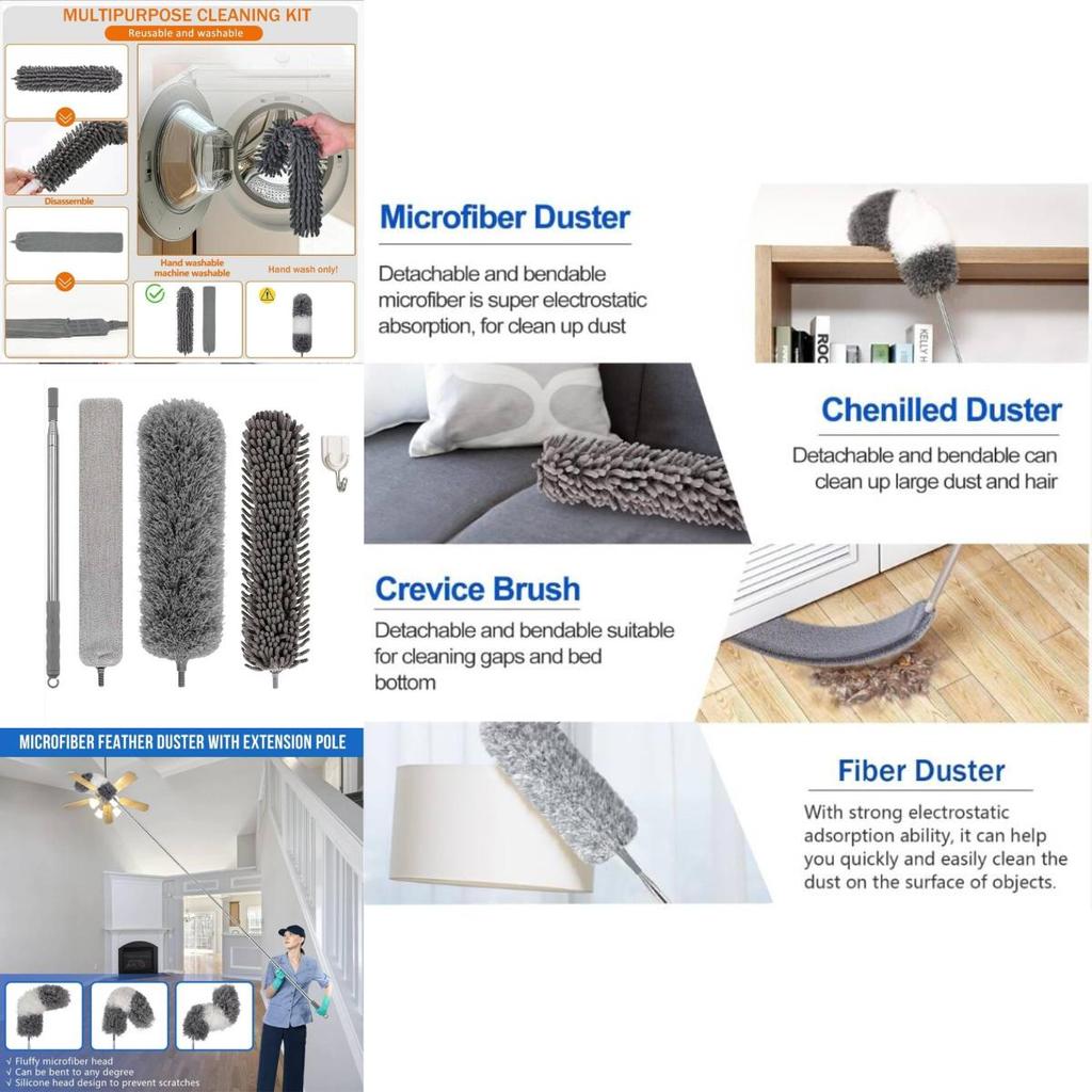Extendable Feather Duster Brush Set With Telescopic Handle For Home Cleaning And Dust Removal