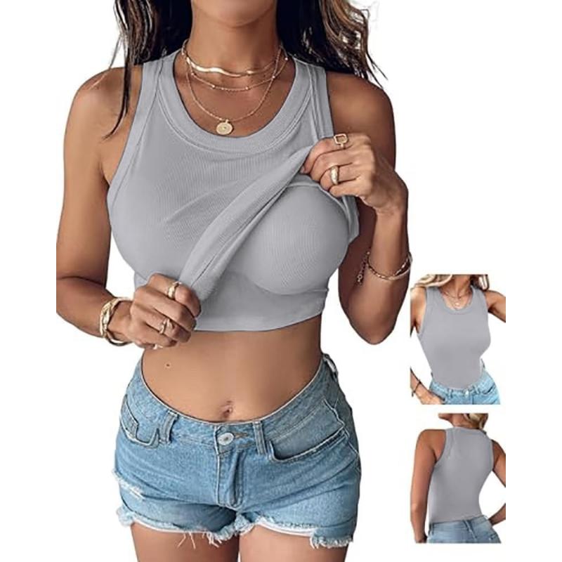 Women's Summer Built-in Bra Tank Top, Solid Color Round Neck Sleeveless Slim Fit Crop Cami For Outerwear & Layering