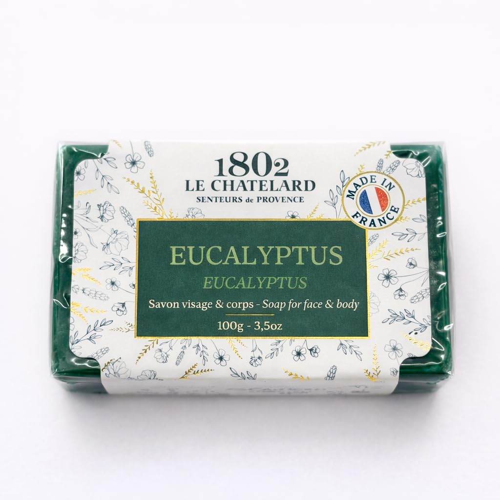 

LeChatelard 1802 Eucalyptus Gentle Fragrant Soap Bar 100g - French Marseille Bath Bar, Sweet Almond Oil Enriched, Fresh Invigorating Aroma, Long-