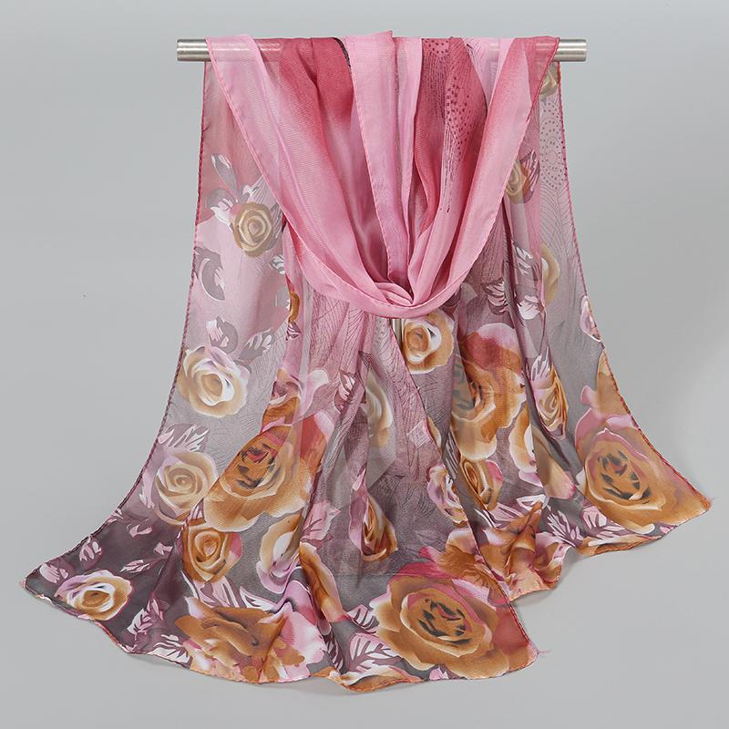 Nuova Sciarpa in Seta Chiffon Stampata a Rose Donna Stola Leggera Protezione Solare Estiva da Esterno Scaldacollo Lungo 150*50Cm