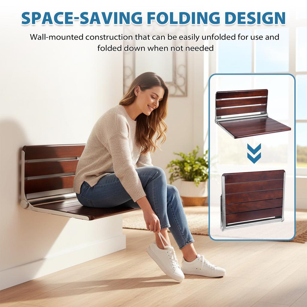 18 Inch Wood Shower Bench Wall Mounted Fold Down Shower Seat Shower Stool for Elderly and Disabled