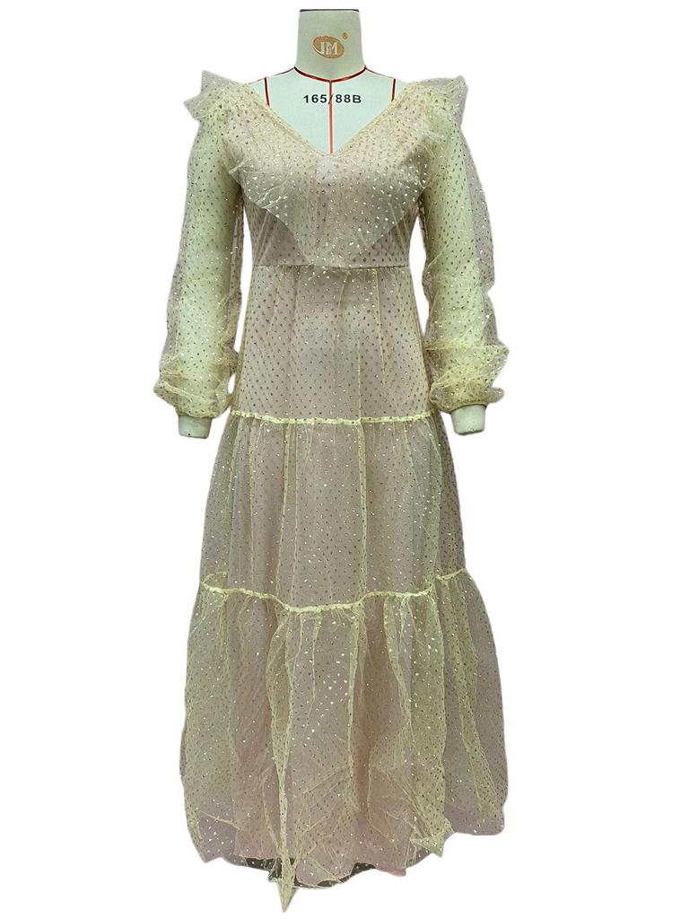 Rochie de seară pentru femei europene și americane, primăvară/vară 2025, sexy, cu decolteu în V, cu accente aurii, cu mânecă lungă