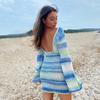 New  Women's Sexy Low Back Flared Sleeve Striped Knit Dress Autumn