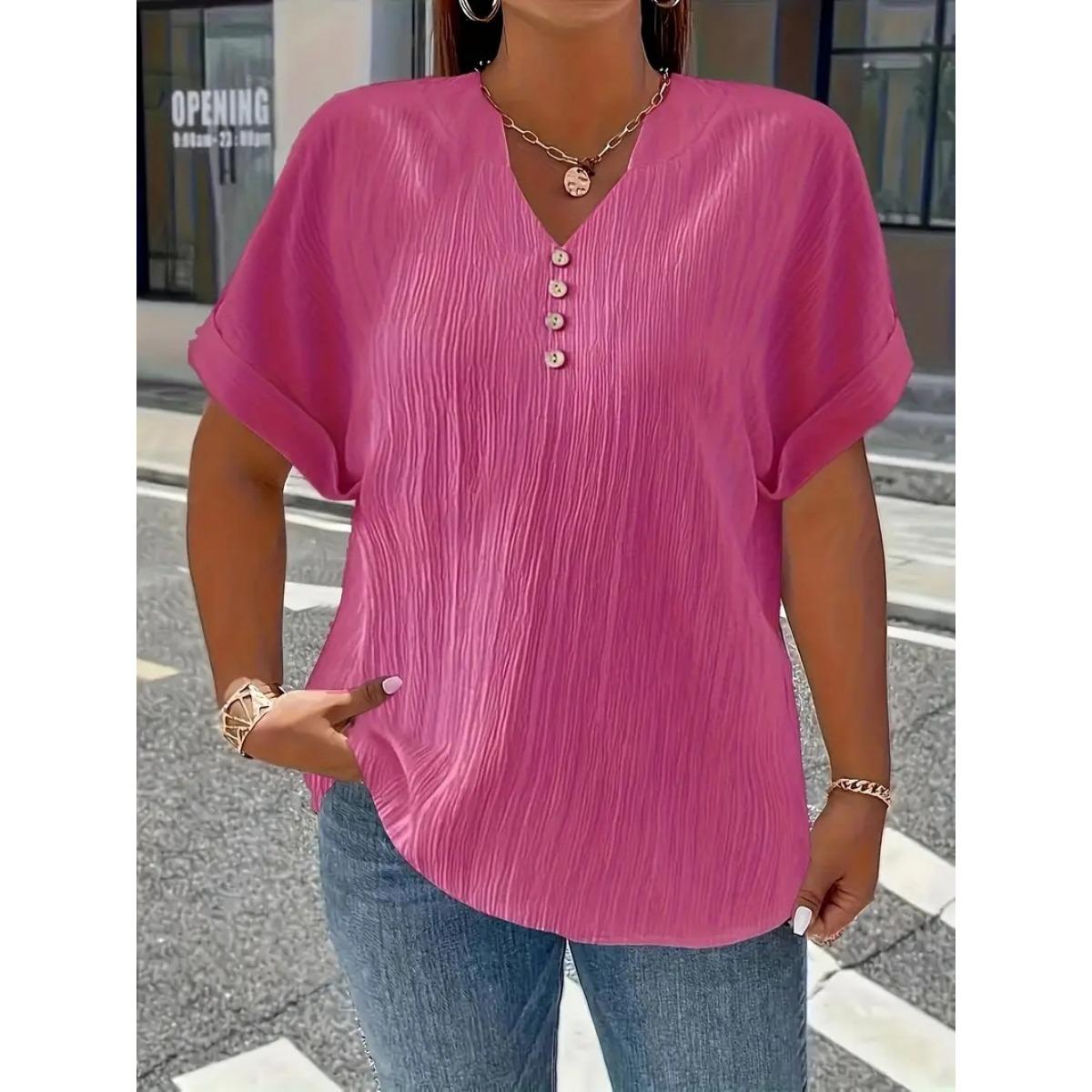 

Женская футболка больших размеров на все четыре сезона с короткими рукавами и пуговицами, однотонная, элегантная и модная, в стиле кэжуал 5XL розы красного