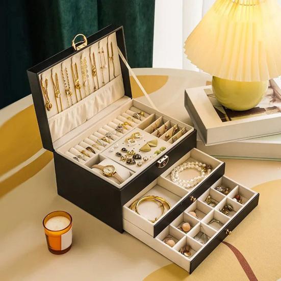 Šperkovnice z umělé kůže Třívrstvá Velkokapacitní Stojan na šperky Multifunkční Organizér na náušnice Náhrdelníky Náramky Prsteny Kontejner Pouzdro