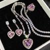 Celebrity Fashion Pink Love Zircon Necklace Heart-Shaped Pink Diamond Light Luxury Pendant Earrings Set Colorful Treasure Ring Women