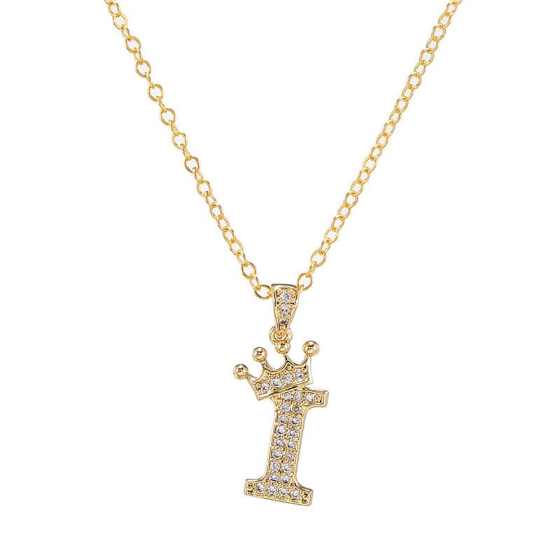 Fashion Cubic Zirconia Crown Letter Pendant Necklace Gold Hip Hop Punk Alphabet Jewelry