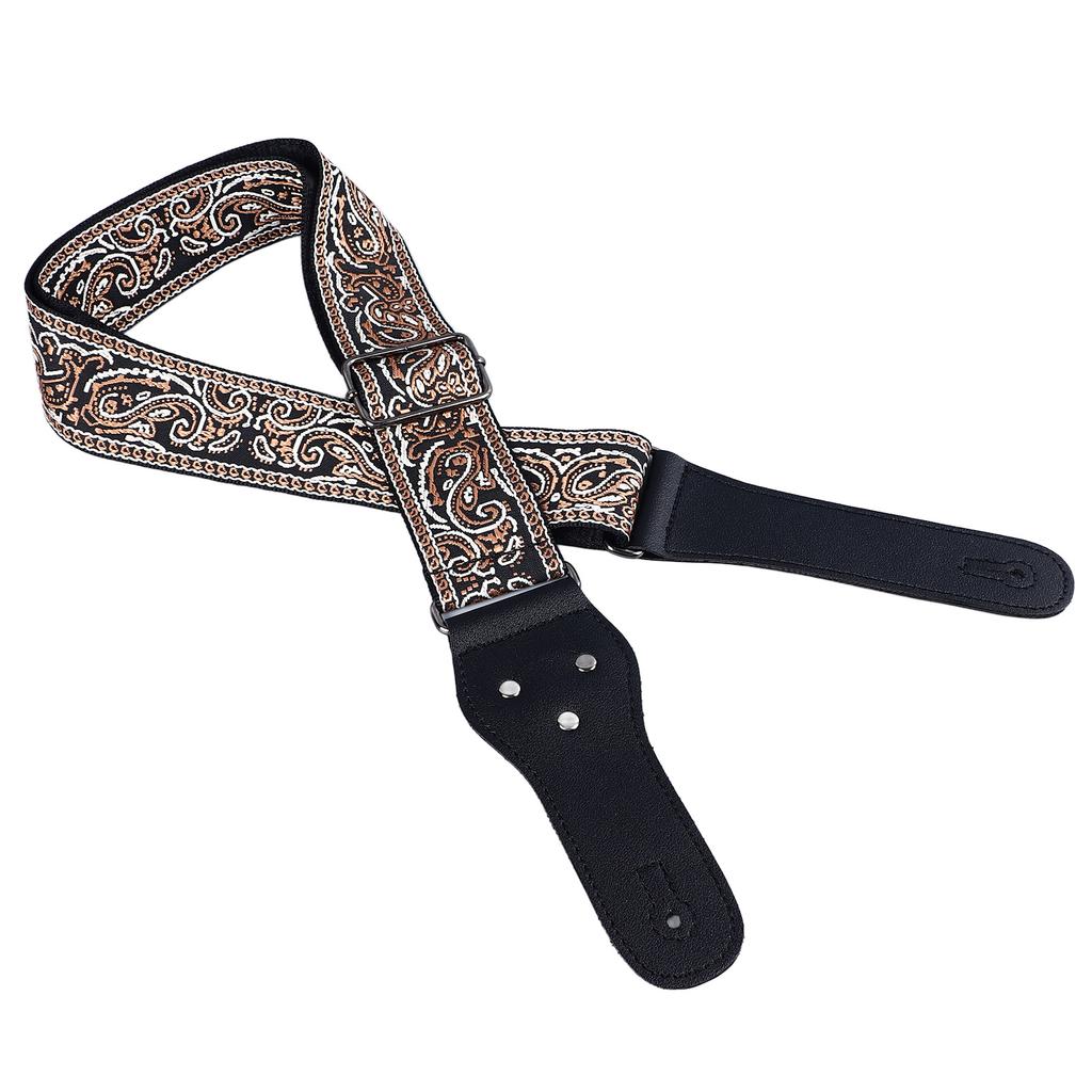 Guitar Strap Embroidery Widened Adjustable Shoulder Strap with Picks for Acoustic Electric Guitar Bass Brown
