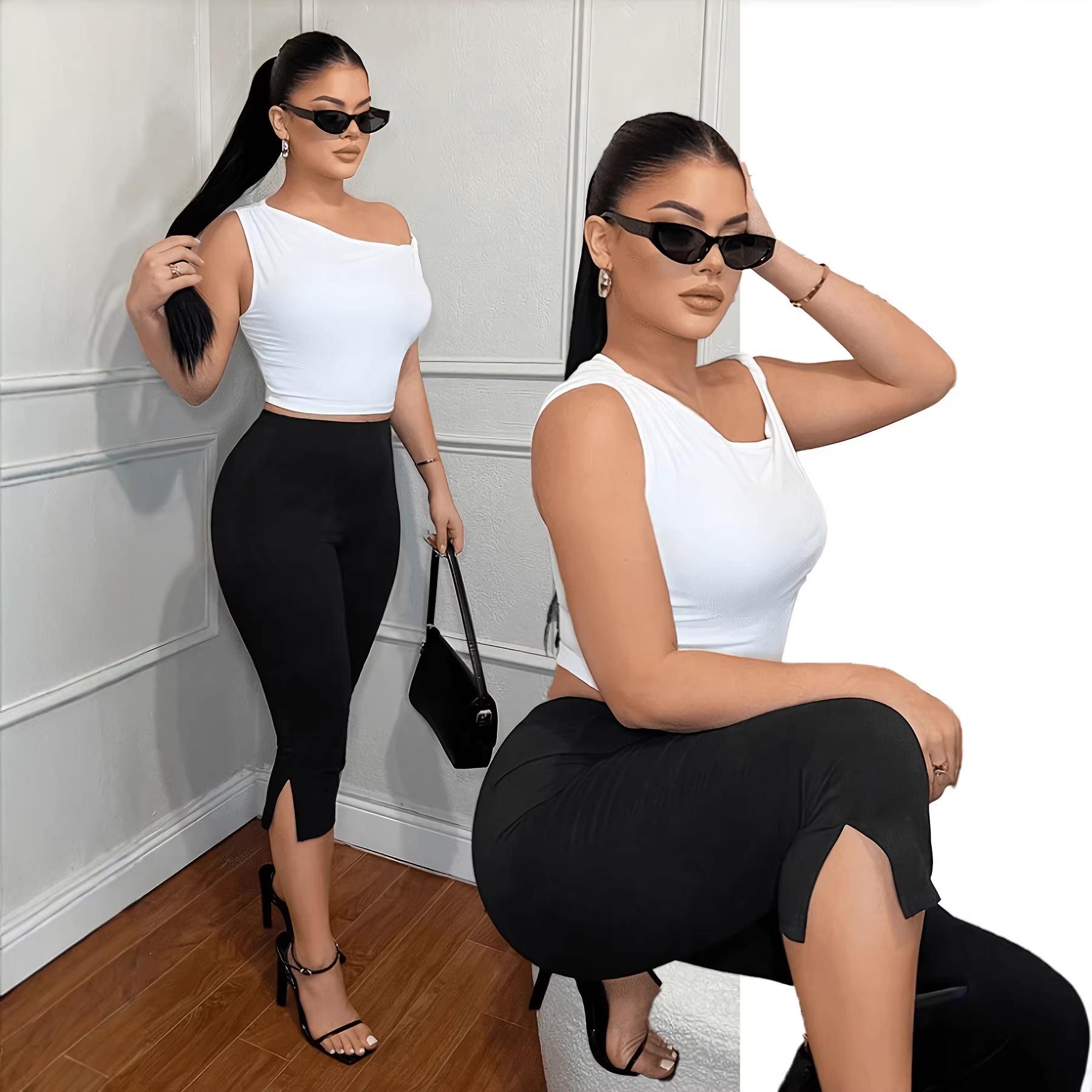 Women s Elastic Waist Slim Fit Split Leggings - Summer 2026 Collection Large чёрный
