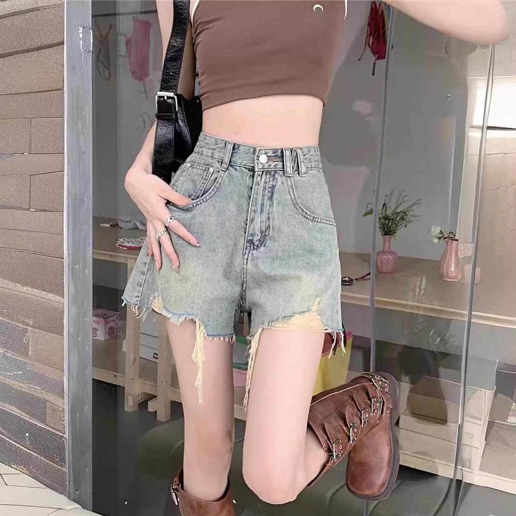 

Women s Retro High-Waisted Ripped Denim A-Line Shorts Large