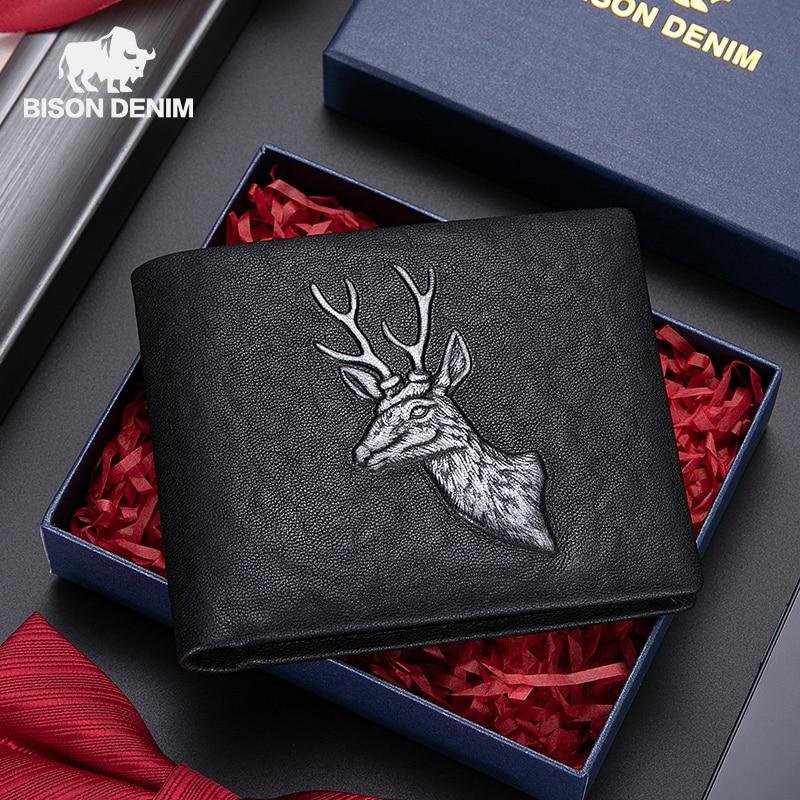 BISON DENIM Men's Short Wallet Genuine Leather Business Card Holder Wallet Purse