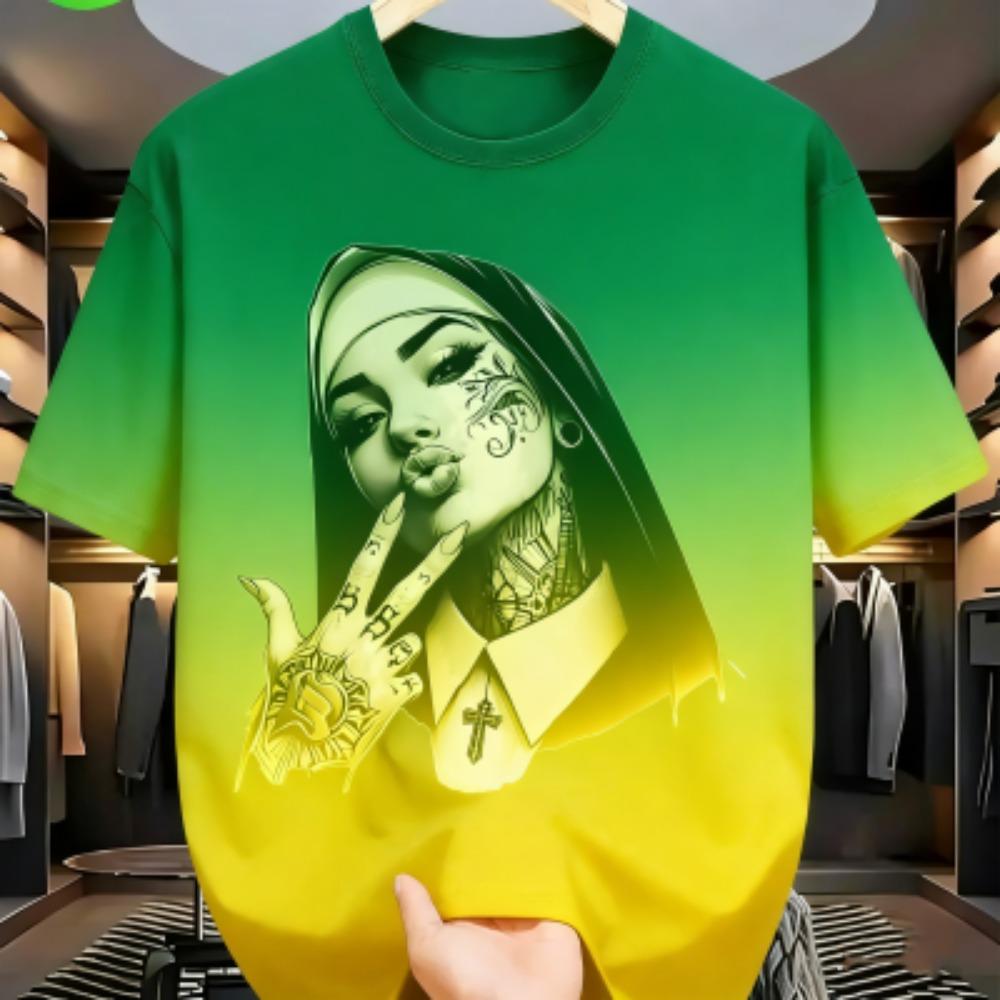Sommer Mode Bunte Tätowierte Nonne Grafikdruck Damen T-Shirt Sommer Lässig Locker Kurze Ärmel Herren und Damen T-Shirts Oberteil