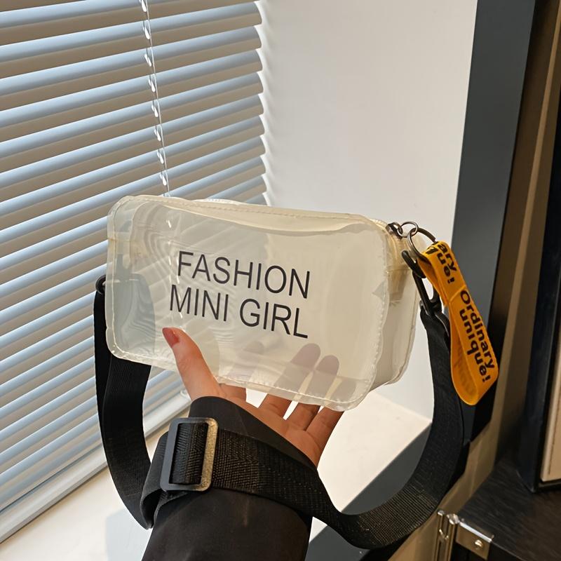 Trendy Jelly Handbag Fashion Letter Small Square Bag Transparent Jelly Bag Single Shoulder Handbag Simple Adjustable Strap Crossbody Bag