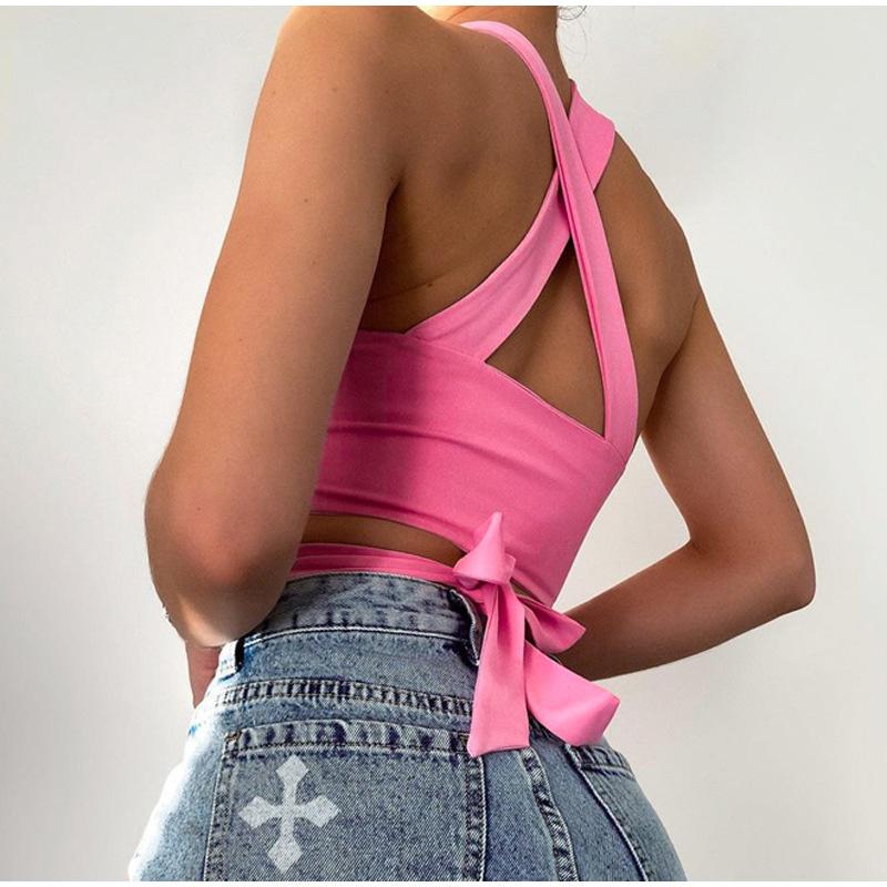 Cross Halter Women Tank Crop Top Hollow Out Bandage Backless Slim Sexy Female Vest 2023 Summer Fashion Ladies Pink Ladies Corset