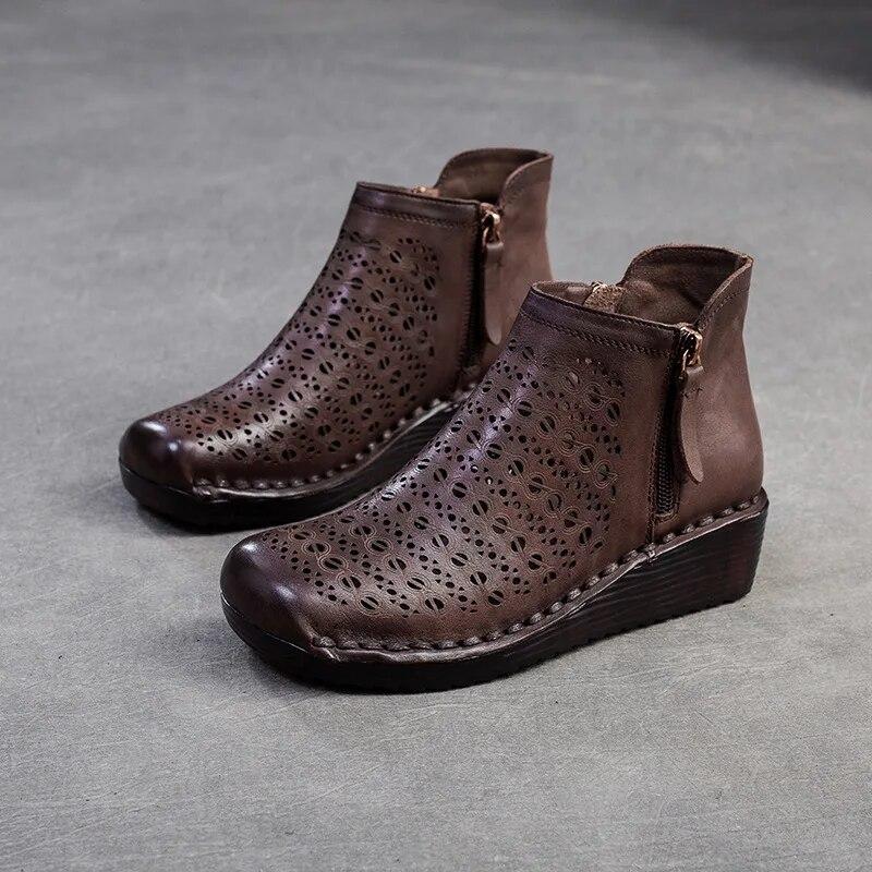 Johnature Genuine Leather Breathable Hollow Out Boots Retro Versatile Comfortable Women's Wedges Shoes