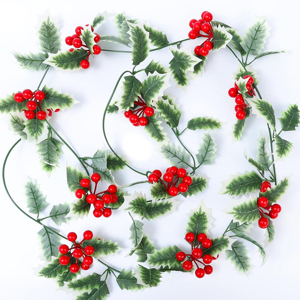 200cm Christmas Artificial Holly Berry Flower Vine Green Leaves Garland Xmas Tree Hanging Rattan Home New Year Table Decoration