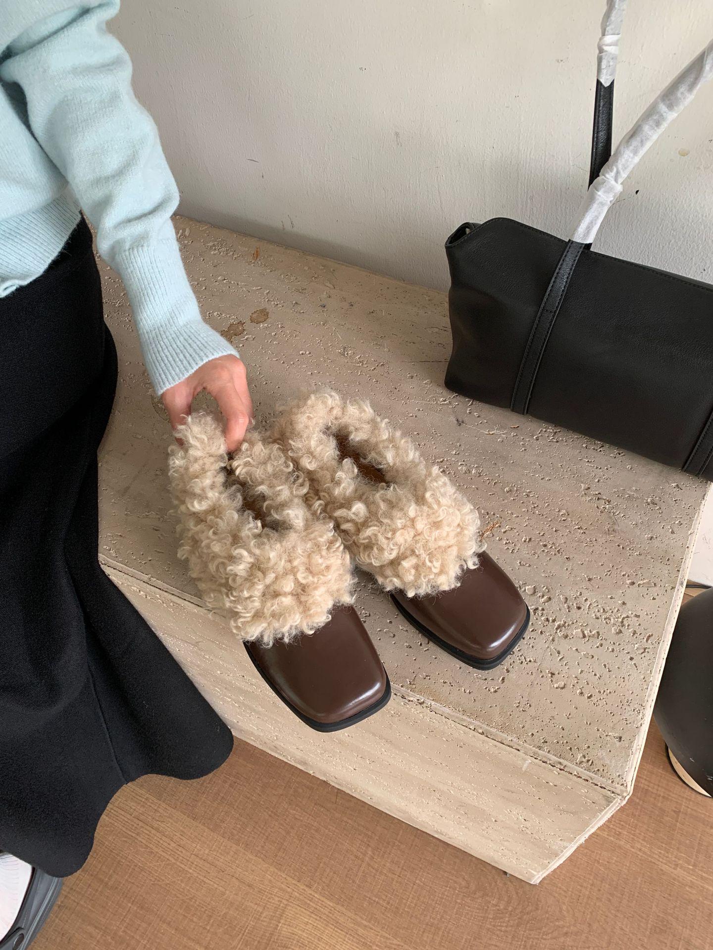 Повседневные лоферы на массивном каблуке с мехом и квадратным носком - Новая зимняя мода плюшевые кожаные туфли 37 кофейный 3090₽