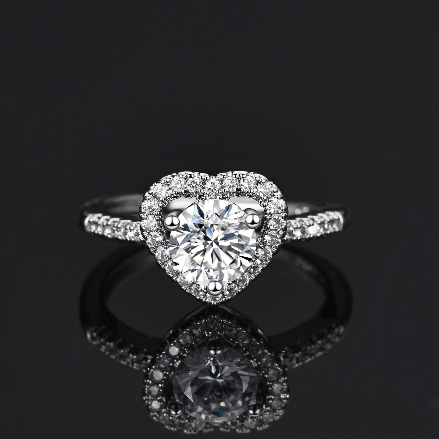 Adjustable Full Diamond Heart Ring with One Carat Micro-Set Zircon Simulated Diamond for Women