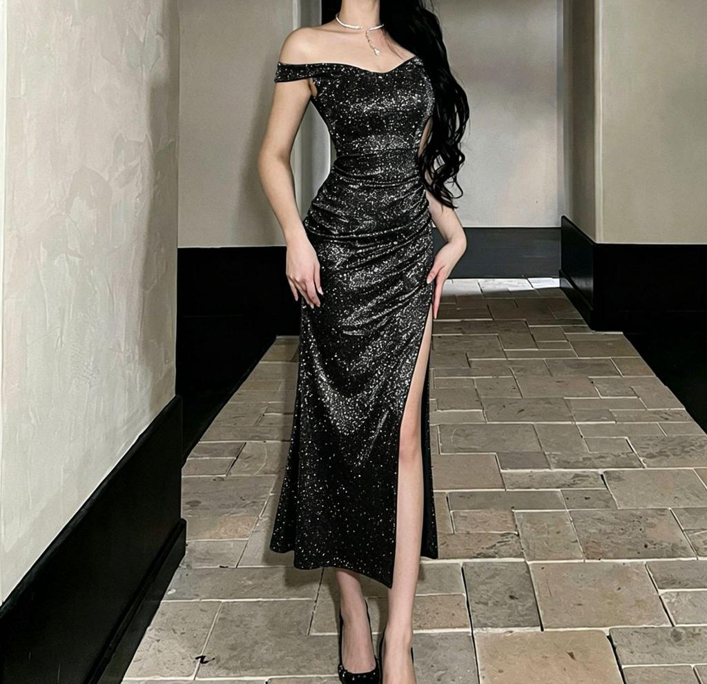 One-Shoulder Sequin Bridesmaid Gown with Slit and Cinched Waist